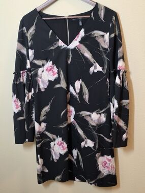 White House Black Market Black Dress with Pink and Cream Floral Accents S8